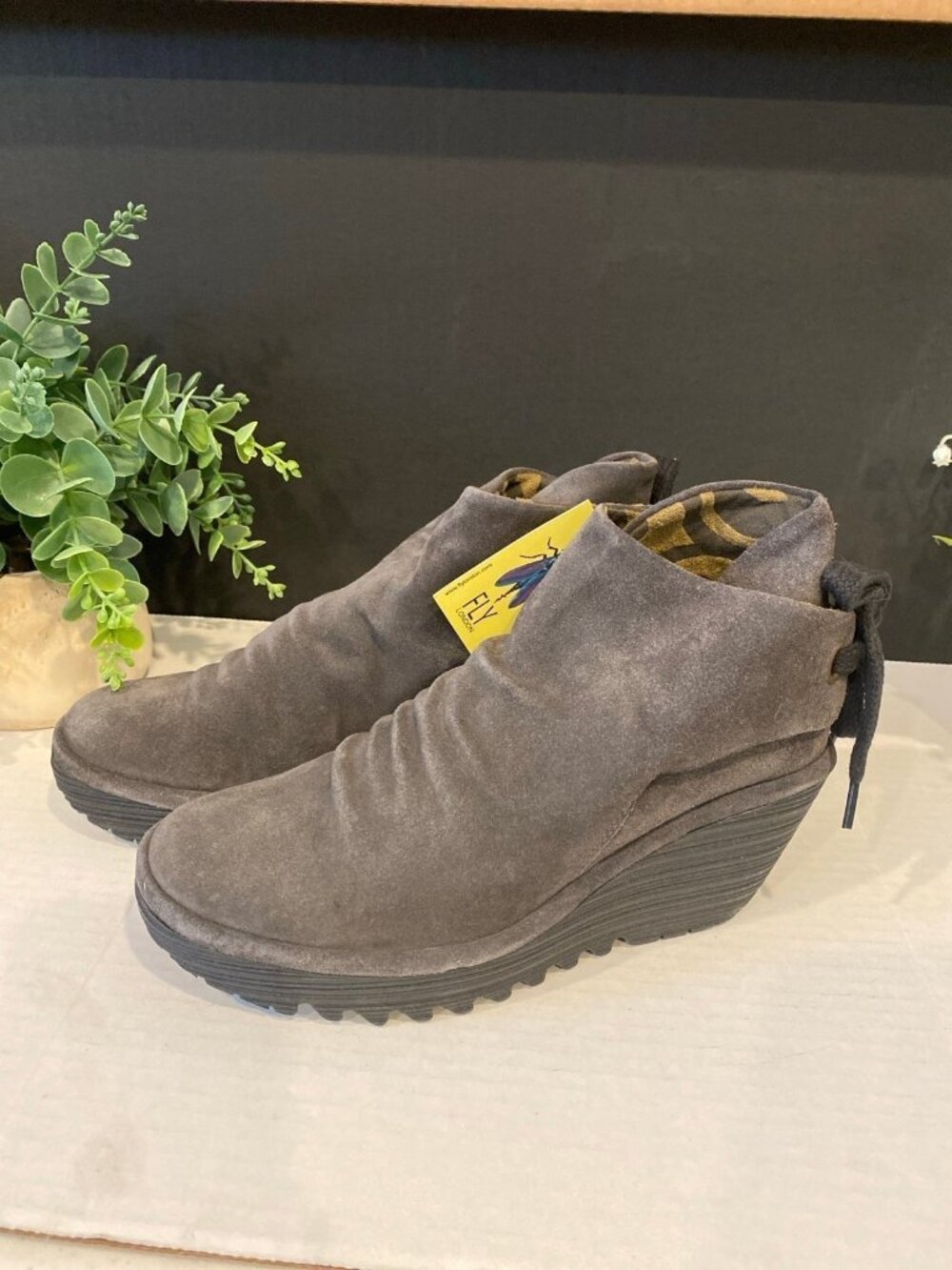 Fly London Yama Gray Suede Ruched Wedge Booties Back Tie Detail Size 6.5 M